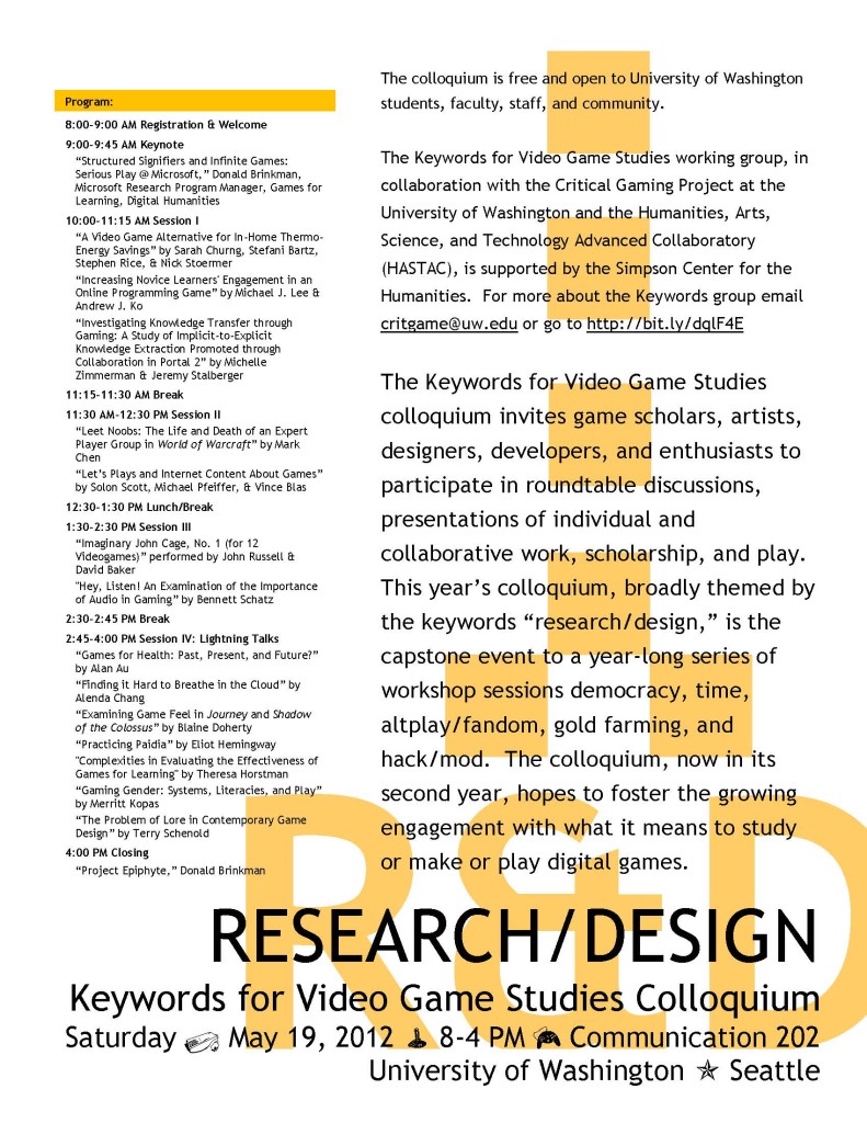 Keywords "Research/Design" Colloquium flyer. May 2012. Flyer design by Edmond Chang.